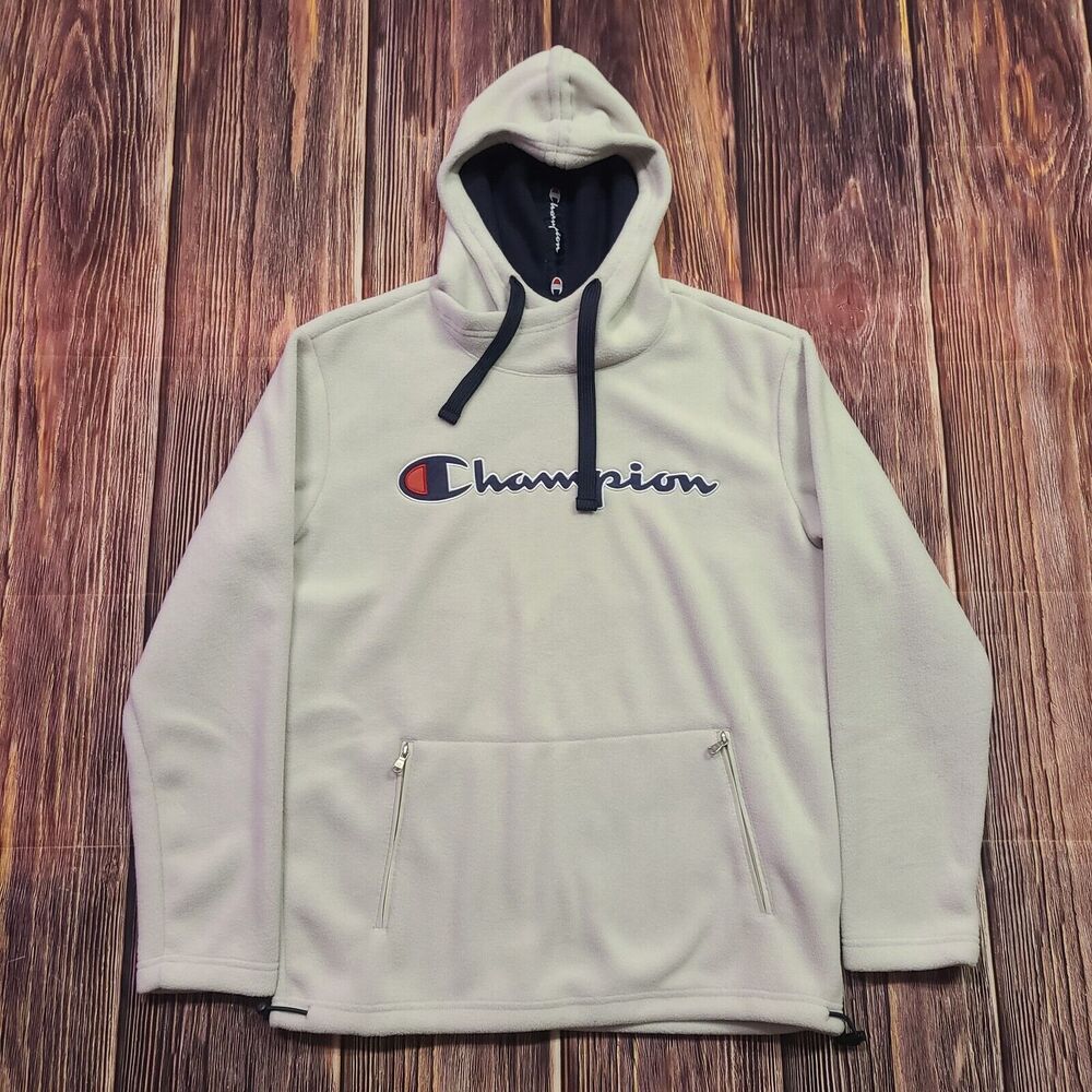 Champion Hoodie Mens Medium Fleece Lined Script Pullover Golden Khaki Beige